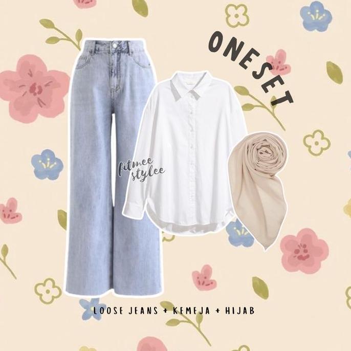 Lirea outfit 1 set ootd 3in1 (atasan kemeja wanita katun Lembut, bawahan celana kulot loose jeans de
