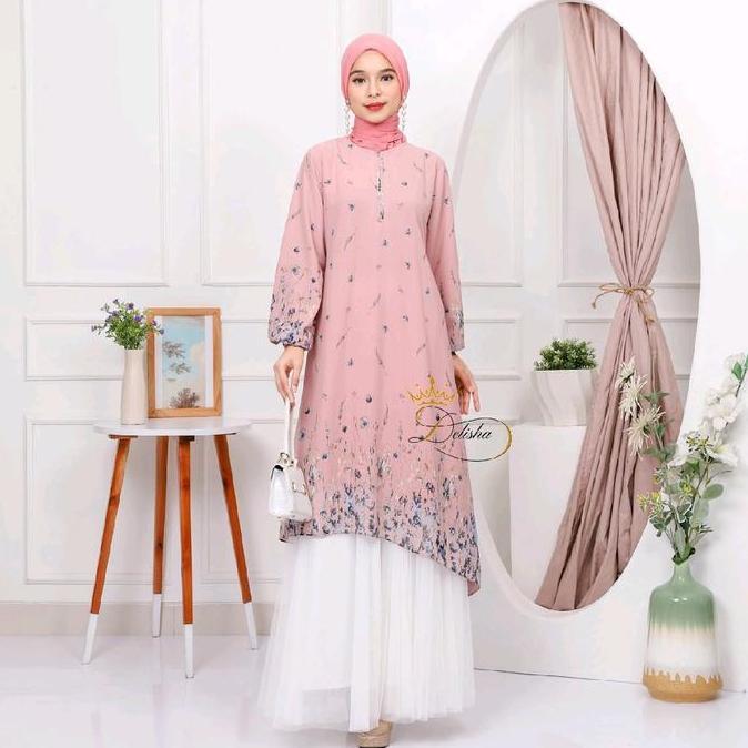 Delisha - Alma Tunik Pink Ceruty Baby Doll Premium Berfuring Mewah Busui