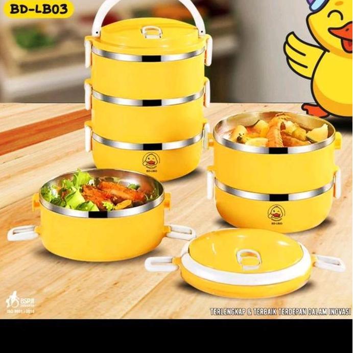 (0040)Lunch Box L-Duck 3 Susun Stainless Steel Bekal Kartun Lucu Anti Tumpah
