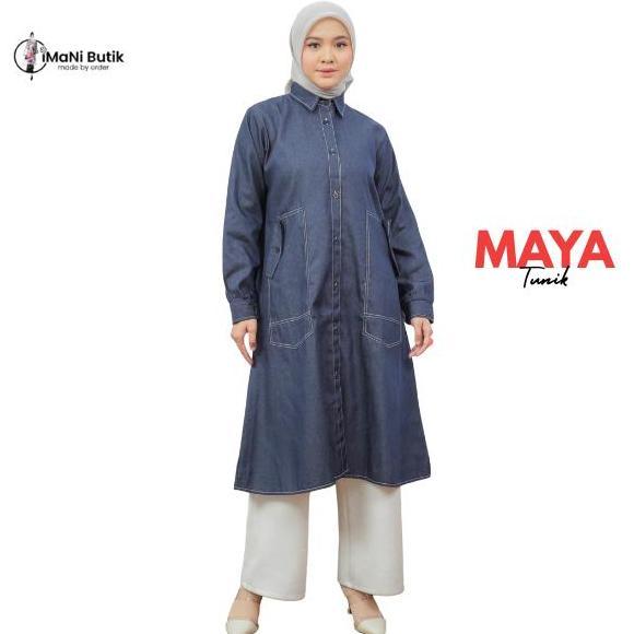 Imani Butik Tunik Maya Atasan Remaja Jeans Casual Katun Baju Panjang Kancing Imani Butik Lembut Musl