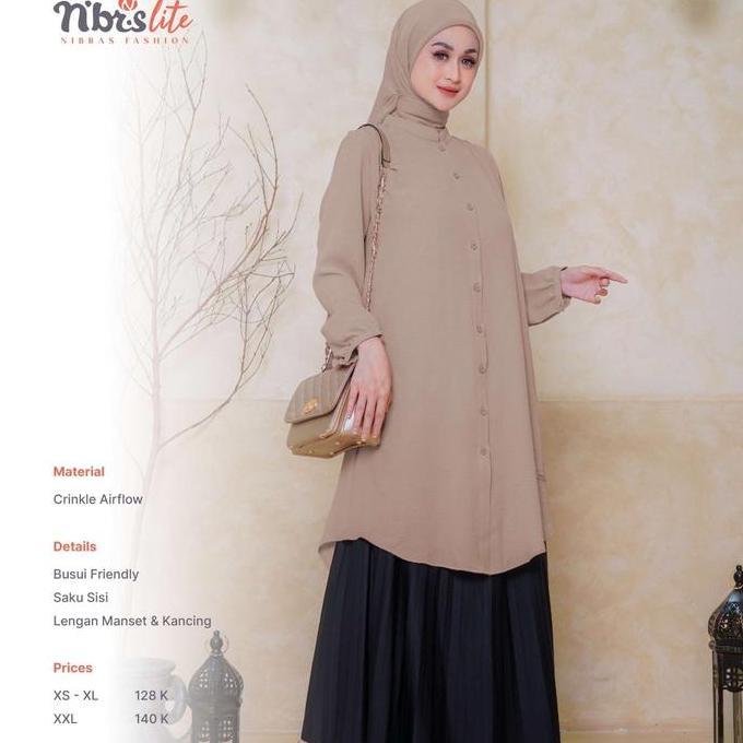 Nibras Tunik Terbaru Lite 001 Warna Coklat Khaki Polos Atasan Blus Wanita Cantik Busui Friendly Terj