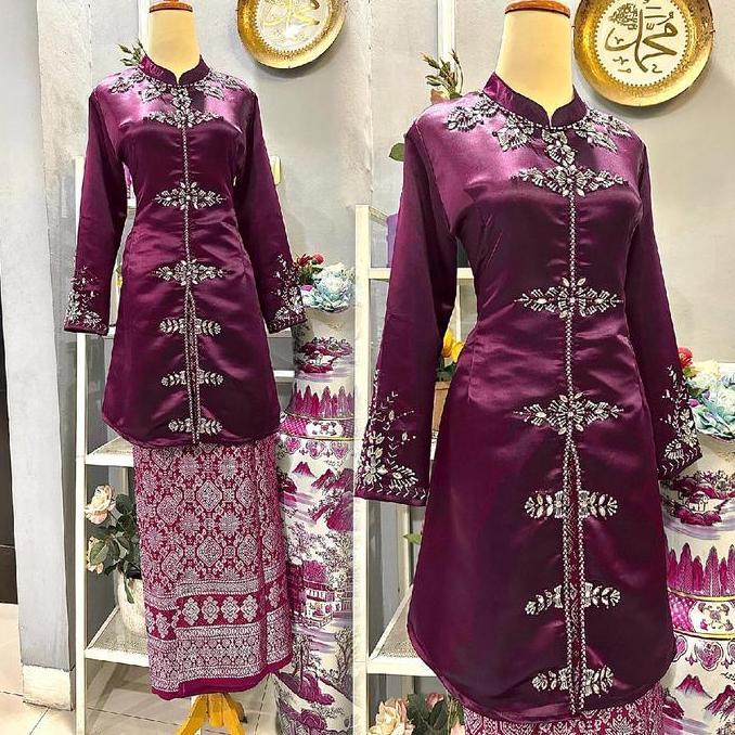 Terbaru Stelan Baju Melayu Bahan Satin Bridal Combinasi Payet Mutiara Free Hijab/Stelan Baju Kurung 
