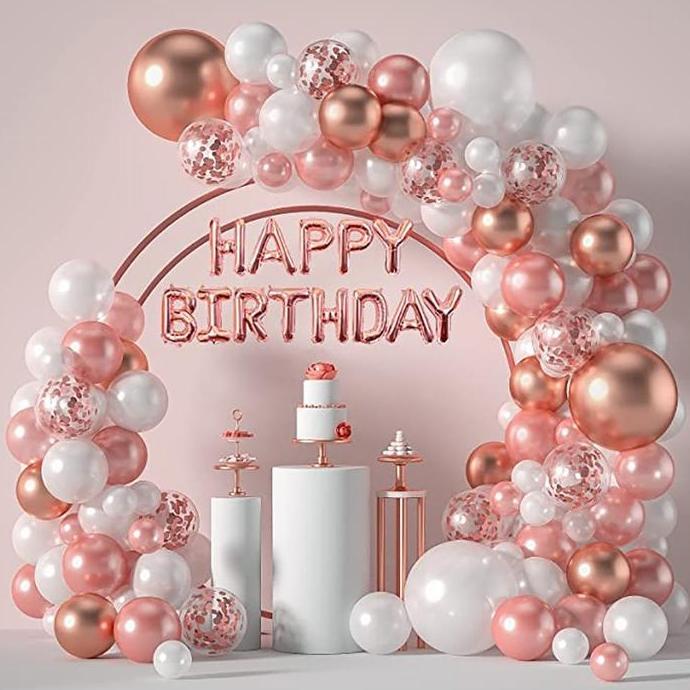 123 PC BALON GARLAND ROSE GOLD HAPPY BIRTHDAY BALON LATEX SET DEKORASI [terbaik]