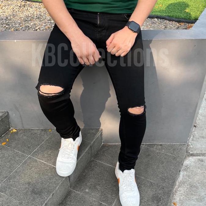 DB244 >> Celana Jeans Hitam Pria Sobek dan Polos