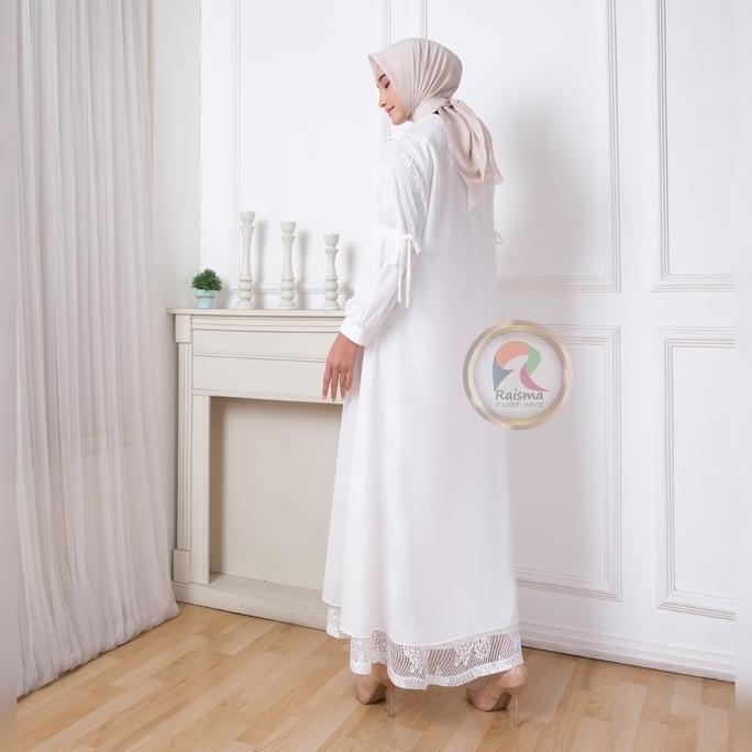 Raisma - Laila Gamis Syar'i Wanita Putih Tulang Lebaran Cantik Dan Elegan Whit Outwear Brokat Ceruti