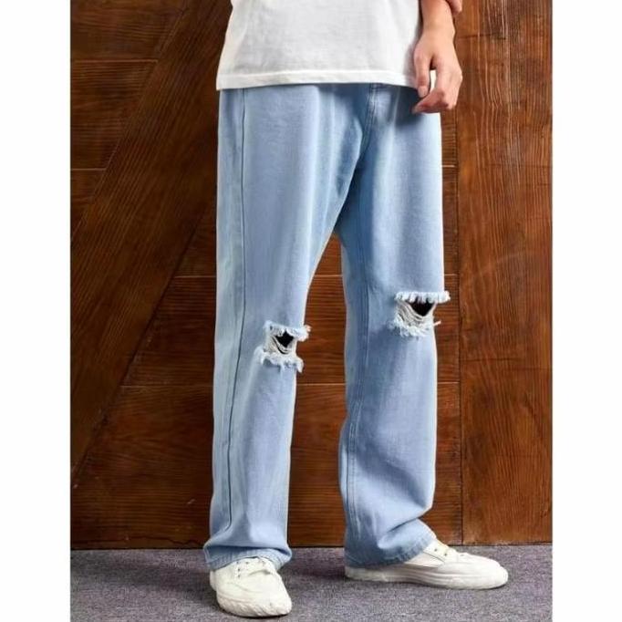 DF144 - BAYAR DI TEMPAT CELANA JEANS STANDAR REGULER BASIC SOBEK LUTUT RIPPED KEREN / CELANA PANJANG