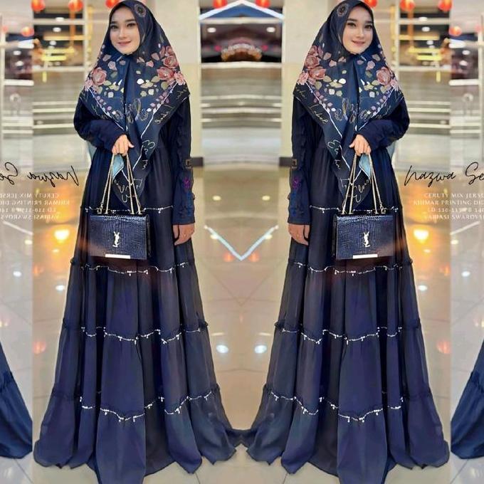Syakila Gege Syar'i LD100-125 PB140 Busui Set Jilbab Gamis Printing Motif Terbaik Polos Bunga Setrip