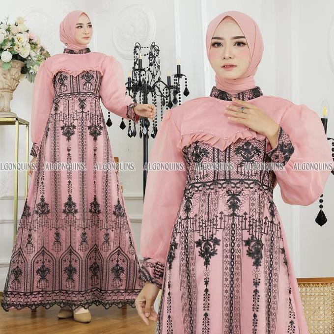 ALGONQUINS Gamis Brukat Syafeera Pakaian Pesta Muslim Mewah Wanita Syari Hari Raya Trendy Unik Bahan