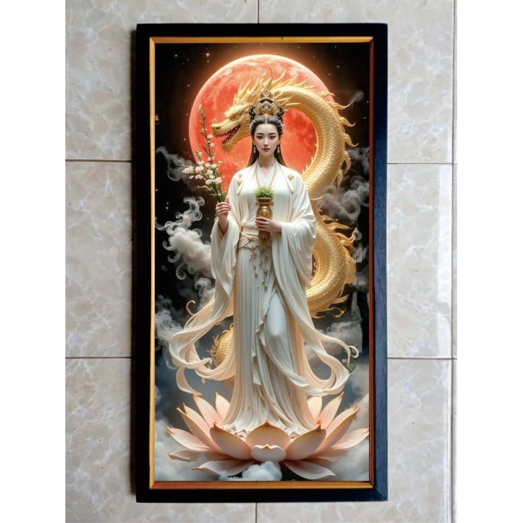 Hiasan Dinding Dekorasi Rumah cerak Lukisan Dewi Kwan Im plus Bingkai