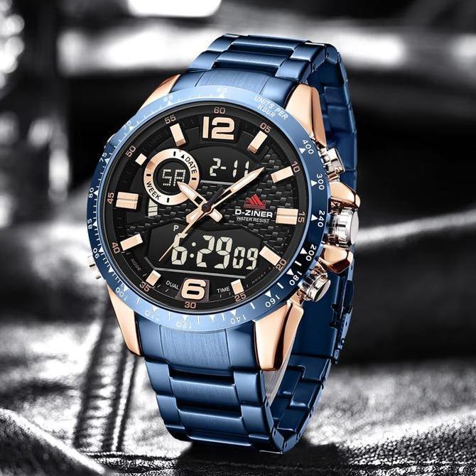Dziner Jam tangan Pria 8306 Double Time Rantai Stainless Steel Water Resistant 3 ATM terlaris