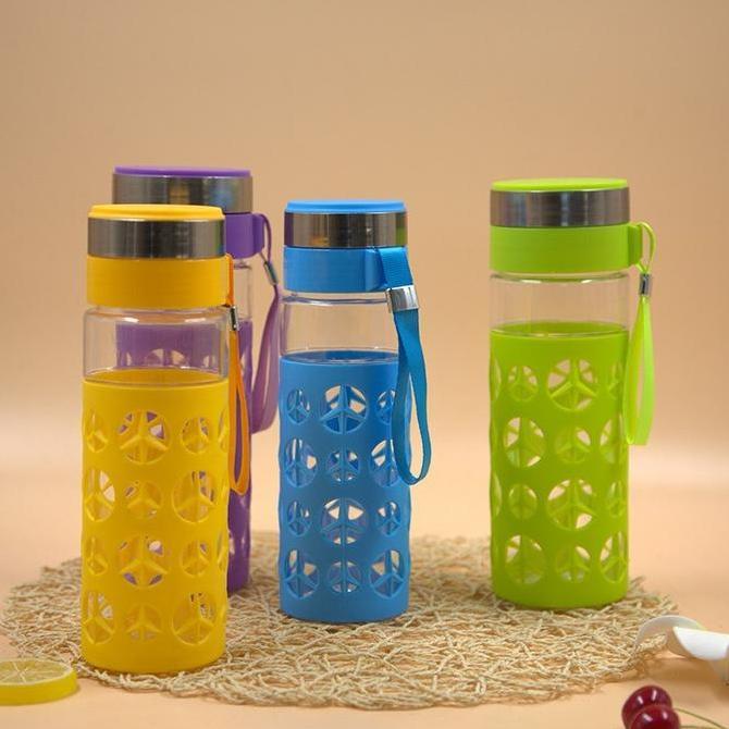 Botol Minum Kaca Lapis Karet Motif Lucu Tumbler Kaca Botol Minum Kaca Motif Cover Plastik 750ml