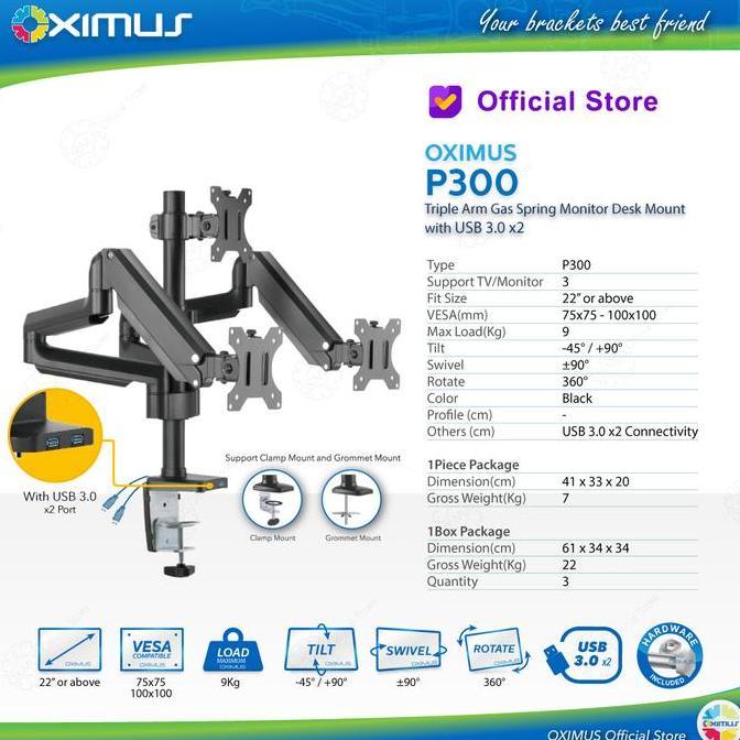 NEW BRACKET MONITOR GAS SPRING OXIMUS P300 TILT SWIVEL ROTATE USB 3.0 x2