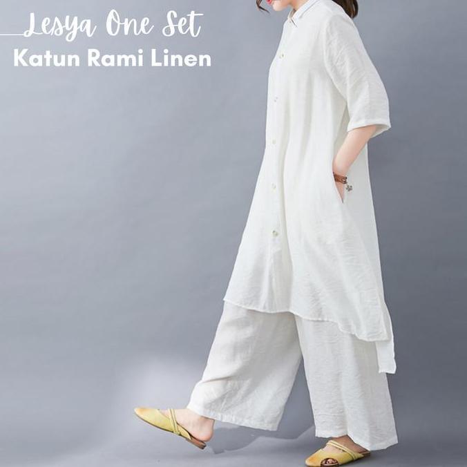 Termurah / Hot Sale Lesya Setelan Wanita One Set Jumbo Atasan Tunik Dan Celana Kulot Bahan Katun Lin