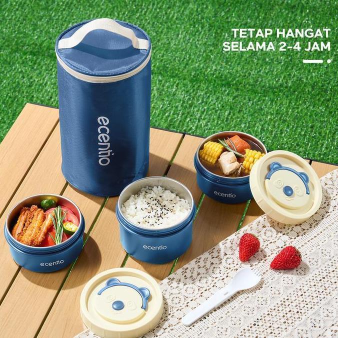 Ecentio Lunch Box Set / Kotak Tempat Makan 3 Pcs Stainless Steel 304 + Lunch Bag Tas Bekal - Biru