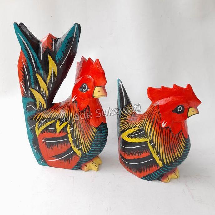 *#*#*#] Patung sepasang ayam jantan betina Jongkok kerajinan ukiran kayu lukis Bali