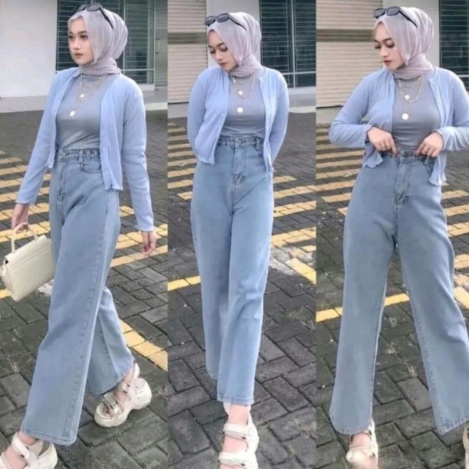 premium highwaist korea style celana kulot jeans wanita terbaru acid grey panjang 100