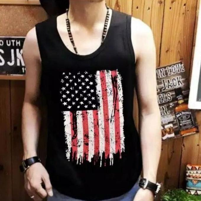 DY7 - Singlet / Kaos tanpa lengan / Kaos Dalam / T-shirt Distro / Singlet Bendera B Pria Murah Santa