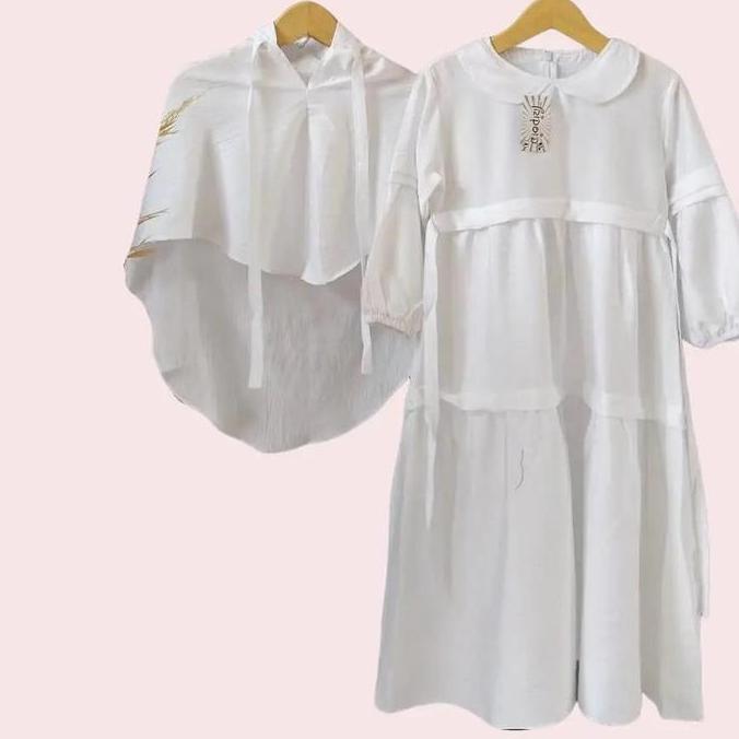 Kirimya- Gamis Anak Perempuan Muslim Hitam Putih Free Kerudung Bahan Katun Linen Usia 3-12 Tahun