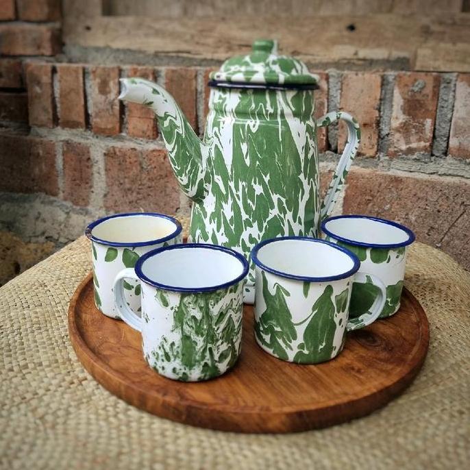 Paket Nampan Kayu, Teko Enamel lurik hijau, dan gelas lurik hijau Jadul Vintage tea  set KUN