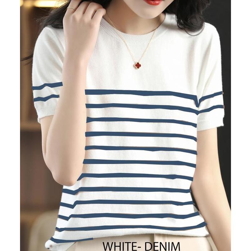 Lansungkirim- Sweater Lengan Pendek Stripe Blaster Wanita Knitwear