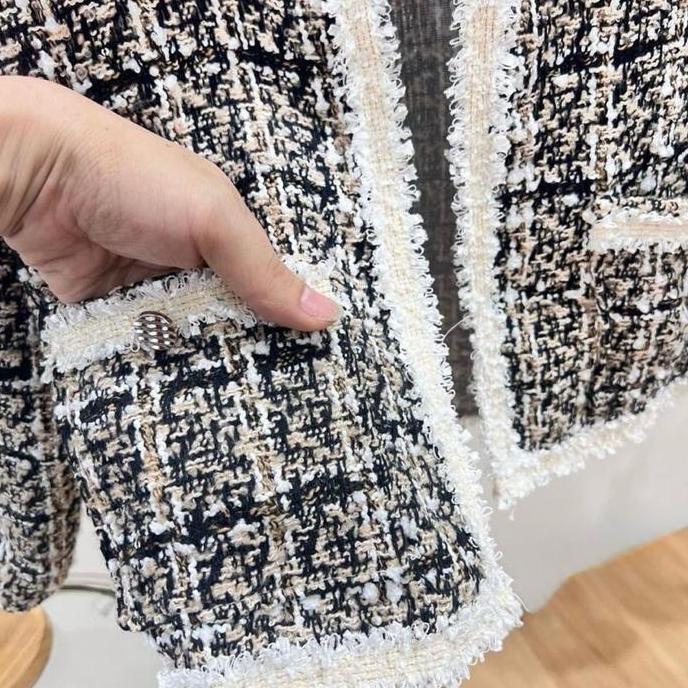 Lansungkirim- Cardigan Blazer Tweed Serat Lengan Panjang Motif Kotak 22673