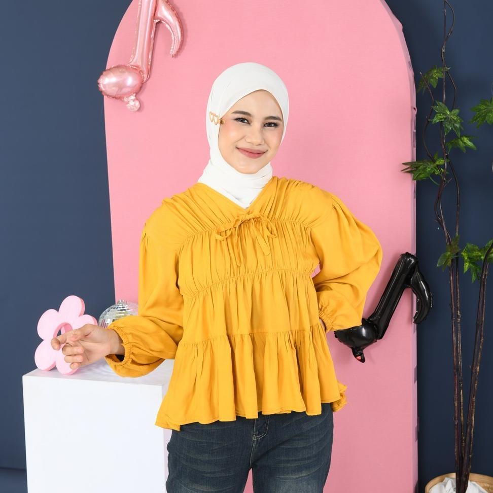 BELI {AHN} Mireya Blouse Kerut Dada - Atasan Wanita Polos Lengan Panjang Bahan Rayon Twill Adem Size