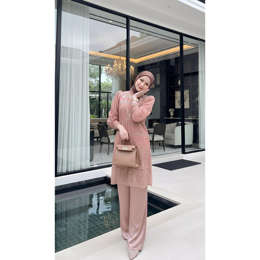 NEW GYO PREMIUM INNER OUTER BURGUNDY SETELAN WANITA SAKURA ONE SET MOTIF TILE BROKAT TUNIK PESTA MAX