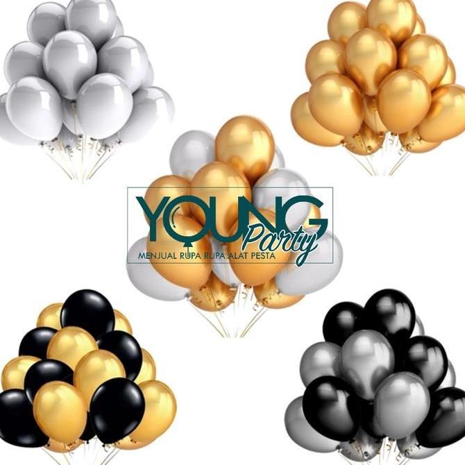 WEZANCOLLECTION81 - BALON LATEX WARNA GOLD,PUTIH,HITAM/BALON METALIK ISI 50 PER PACK