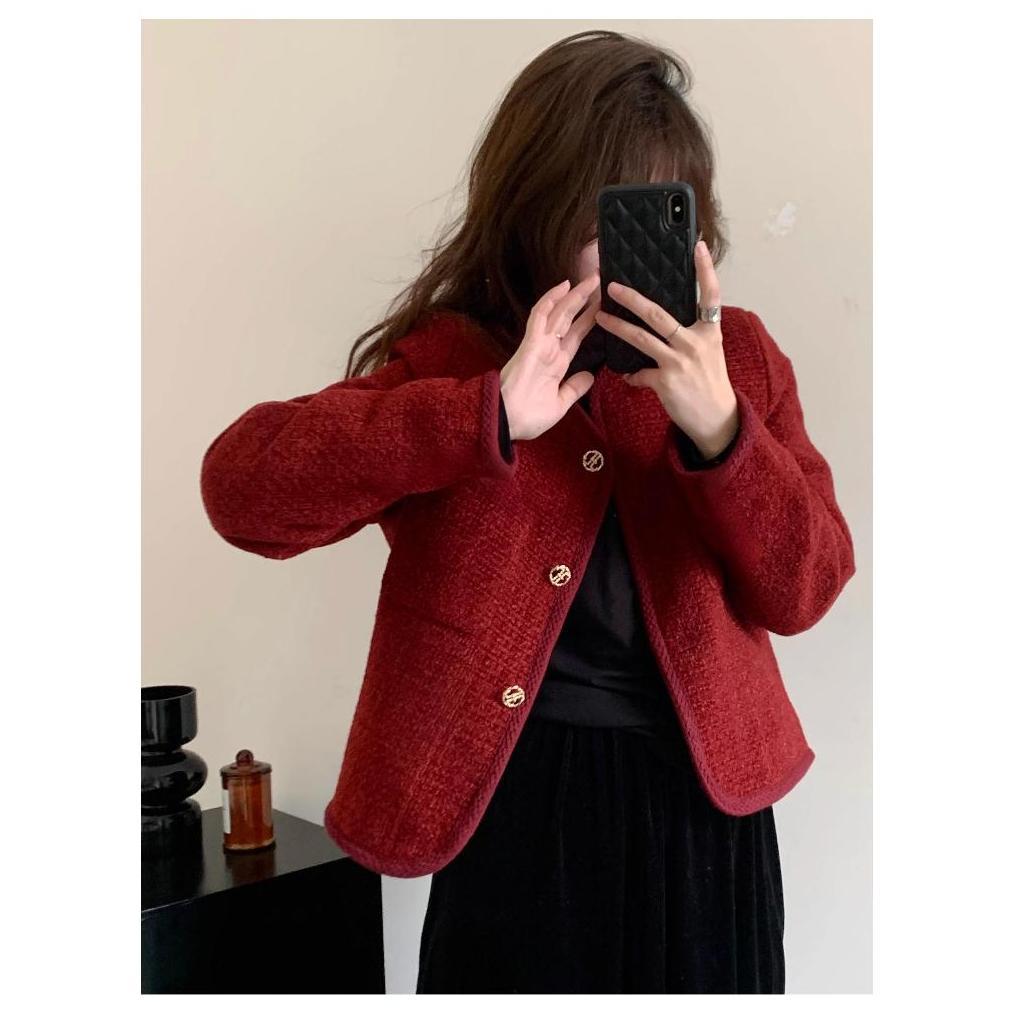 super deal miss emita baju outer merah crop top lengan panjang blazer wanita premium long outer brok