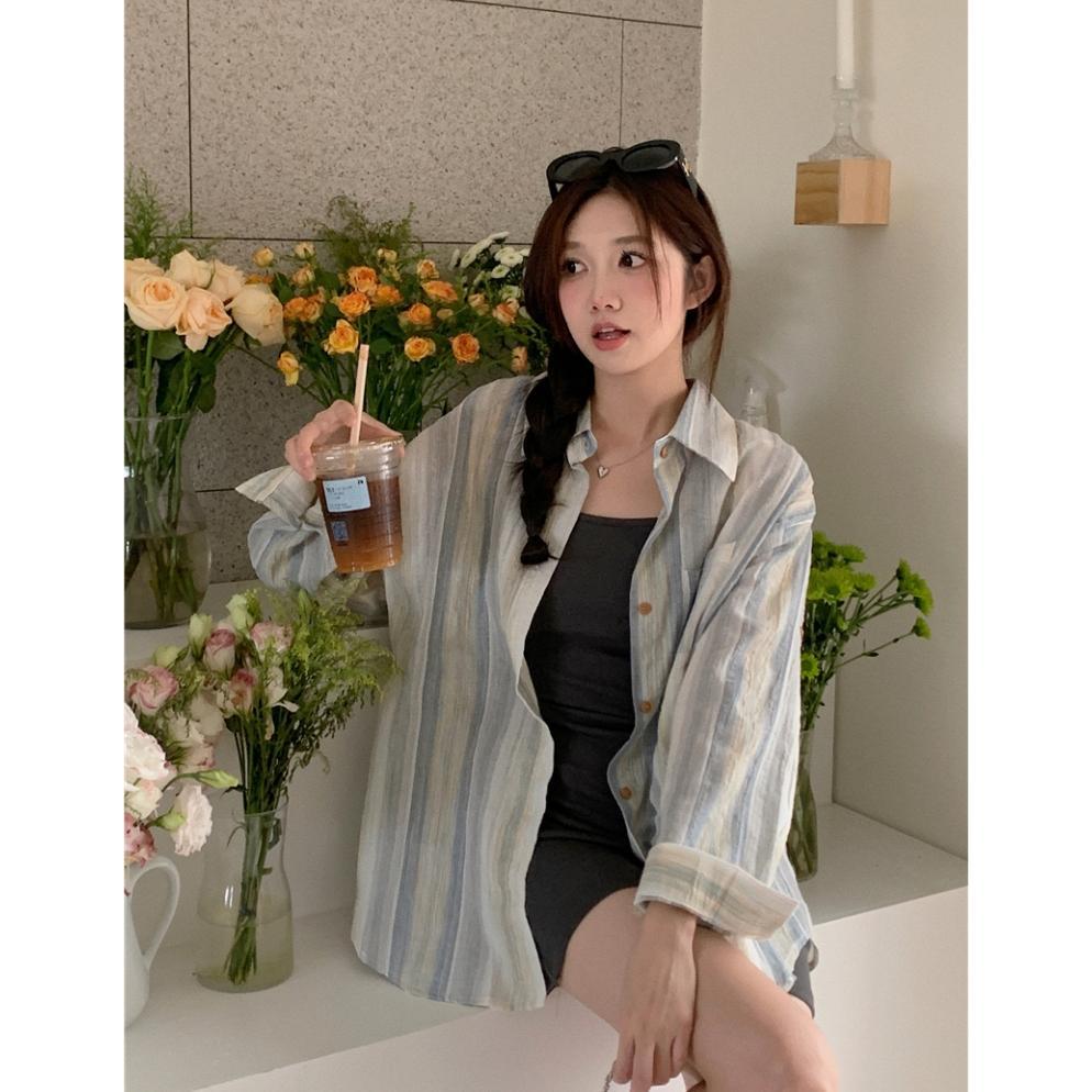 DISKON 2TOYOUNG KEMEJA LENGAN PANJANG BERGARIS LONGGAR UNTUK PERLINDUNGAN MATAHARI KEMEJA WANITA BAJ