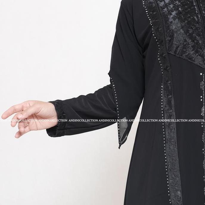 Andinicollection Abaya Turkey 429 Amarta Hitam Putih Dewasa Muslim Bordir dan Payet Mewah Original