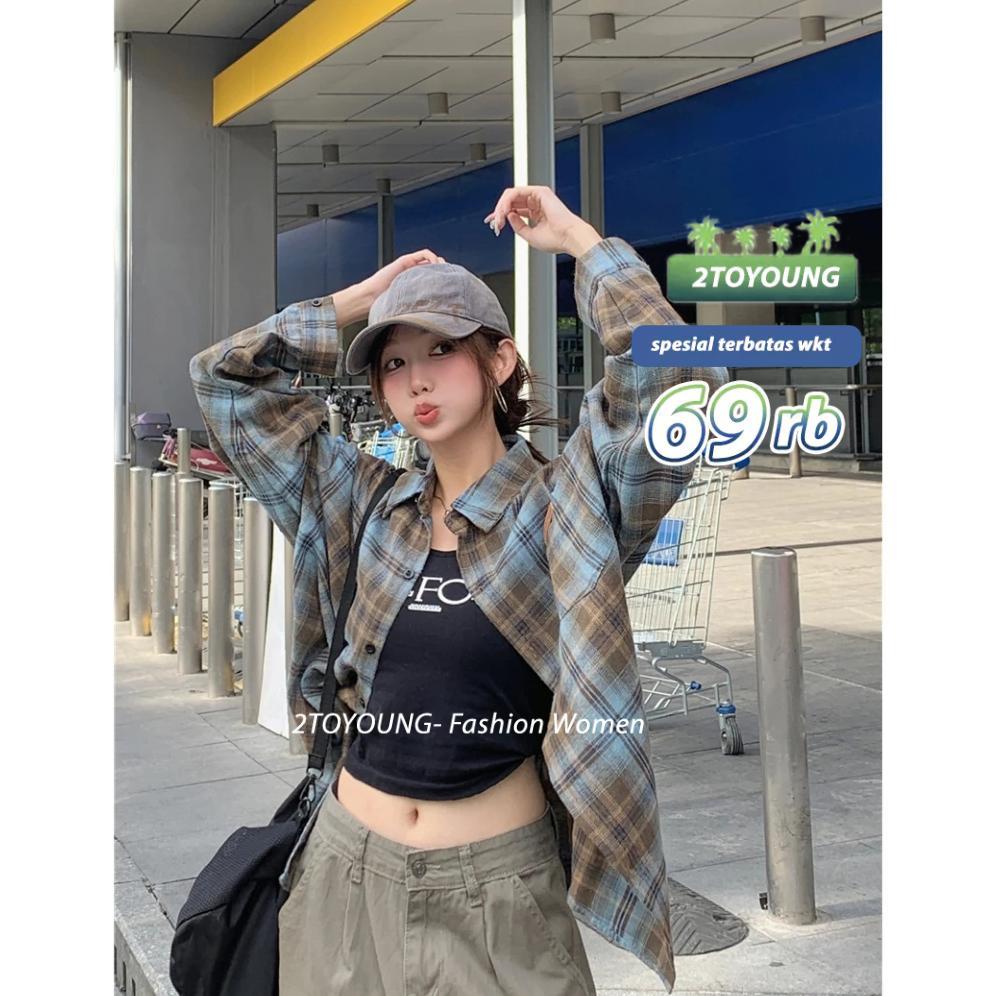 FREE ONGKIR 2TOYOUNG KEMEJA KOTAK-KOTAK BIRU WANITA, TUNIK LONGGAR MUSIM PANAS, ATASAN PELINDUNG SIN