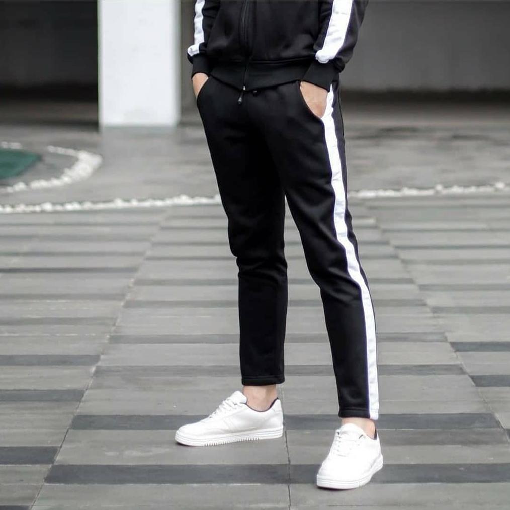Hot Cod Celana Training Pria Wanita 918 Hitam List Putih - Jogger Trackpants Fleece Tebal Premium