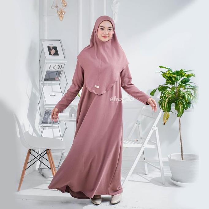 Set Gamis Muslim Allura Knit Premium Kekinian dengan Kerah Kaos Oblong dan Kancing Menarik - Khimar,