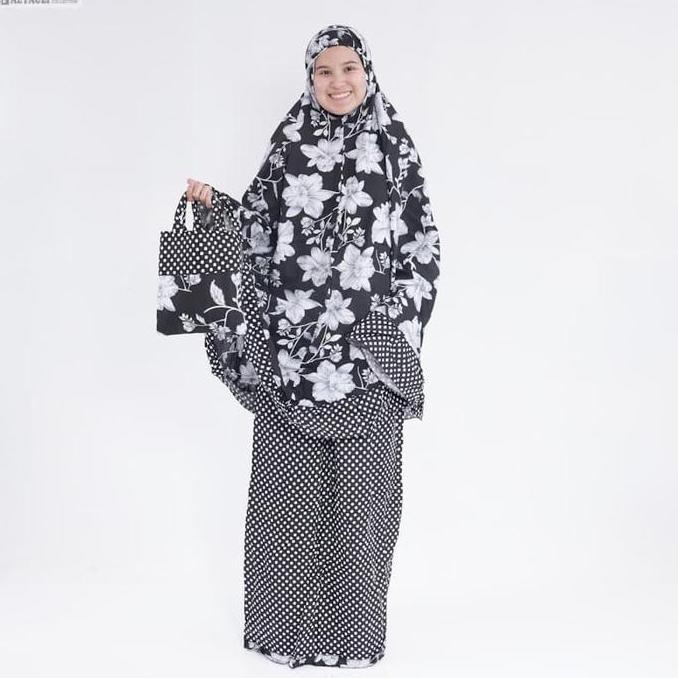 MUKENA KATUN JEPANG REMPEL TERBARU BUNGA PUTIH POLKADOT HITAM TERLARIS