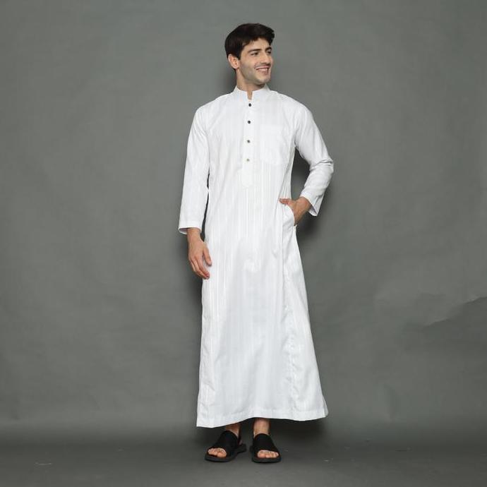 Gamis Pria Arab Jubah Pria Putih Thobe Motif Salur Lengan Panjang Muslim Remaja & Dewasa