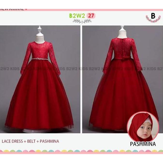 GAUN PESTA MUSLIM DRESS ANAK CEWEK BROKAT TILE CANTIK IMPORT Pashmina Gamis