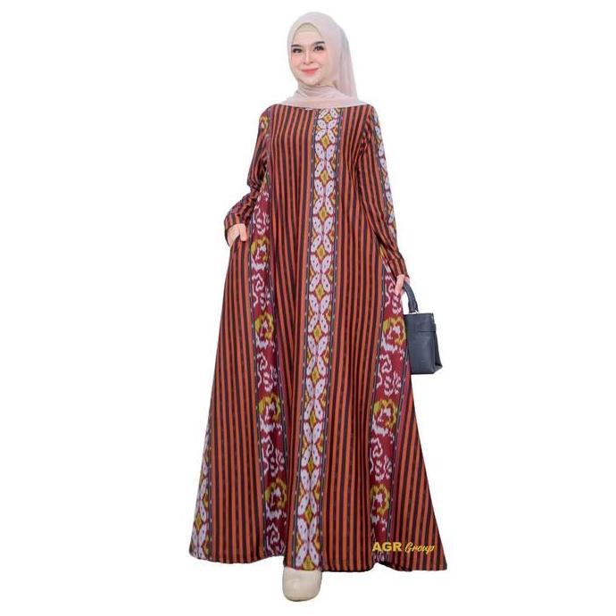 Gamis Wanita Marinem Bahan Calvin Jeans Motif Salur Size S/M L/XL LD 90 110 Baju Dress Muslim Simple
