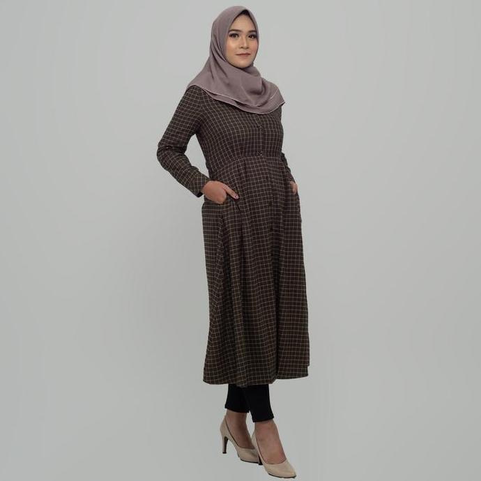 Benhill Gamis Wanita  Flannel Lengan Panjang  Kotak Coklat 1216-11530 Kancing Muslim Nyaman Serut