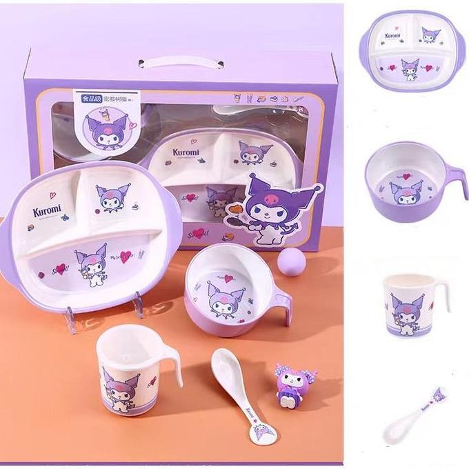 Bybsand- Piring Set Anak 4In1 Bahan Melamin Karakter Kuromi Nailong Lucu Mangkok Piring Gelas Sendok