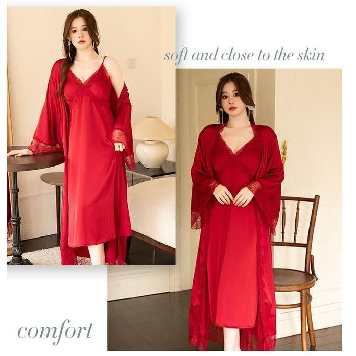 Bosy-kimono set sutera wanita premium 8165-2 long dress/kimono set/baju tidur set Lingerie