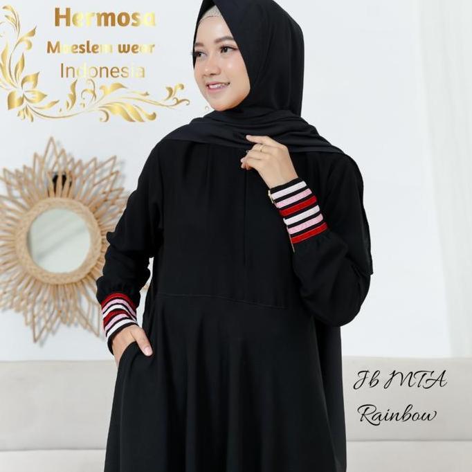 [Gamis Hermosa] Gamis polos jetblack manset rainbow bahan bludru-Gamis Jetblack MTA Hitam Raibow/Gam