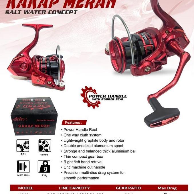 REEL POWER HANDLE SALT WATER MURAH GETSU KAKAP MERAH SW 1000 2000 7000