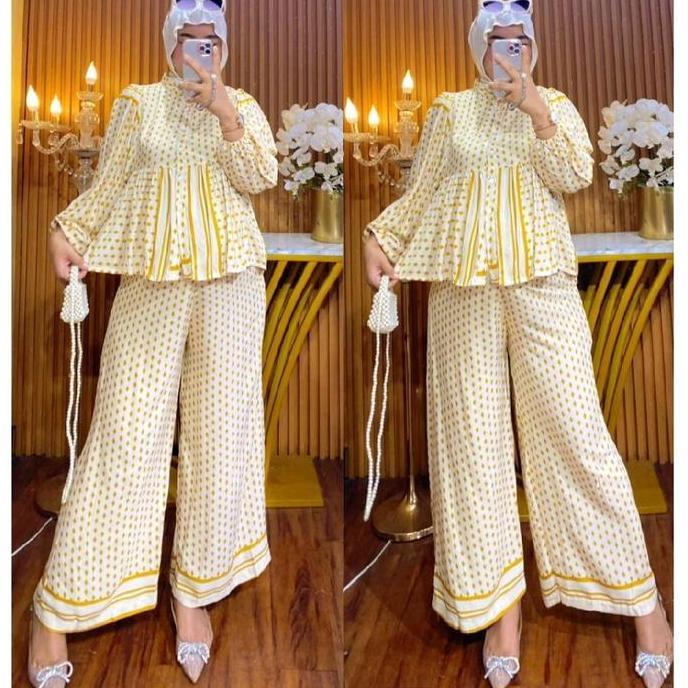 Ginfinik- Meidina Set 3In1 Setelan Baju Wanita (2 Celana 1 Baju) Rayon Panjang Motif