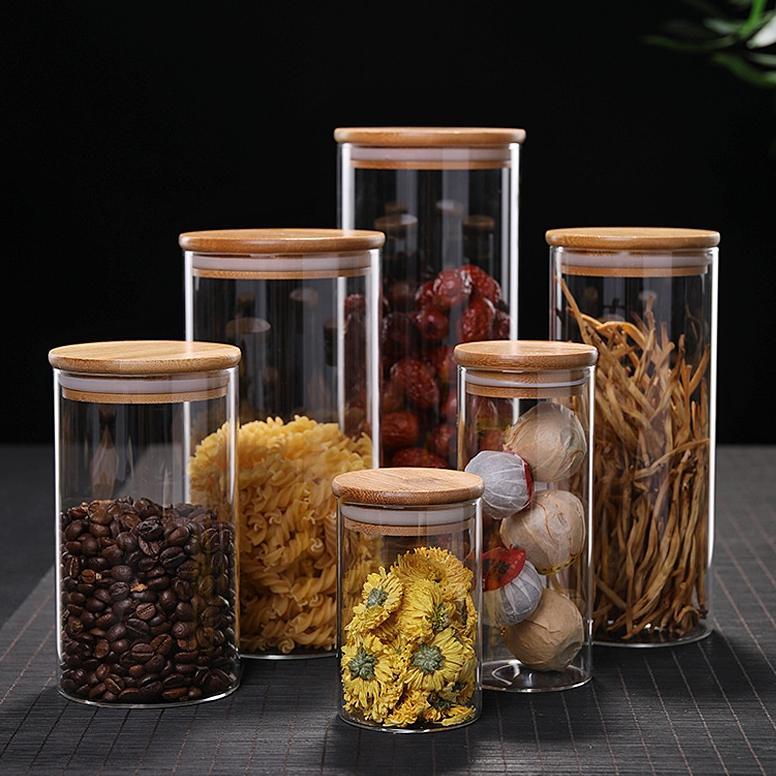 ASHOME Toples Kaca Makanan Bulat Dengan Tutup Kayu / Toples Snack Kaca / Snack Jar Kaca / Toples Mak