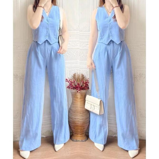 TAMPIL MODIS  Revlyn One Set Katun Rami With Long Pants Kekinian Vest Stelan Celana Kulot Baju Setel