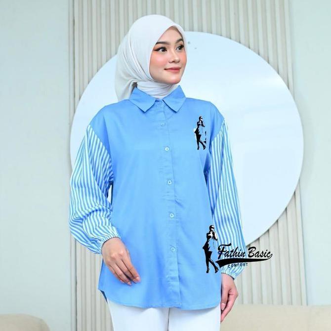 HEMAT LUAR BIASA TIARA Kemeja Rayon Twill Kombinasi Salur Bordil Blouse Lengan Panjang Model Terbaru