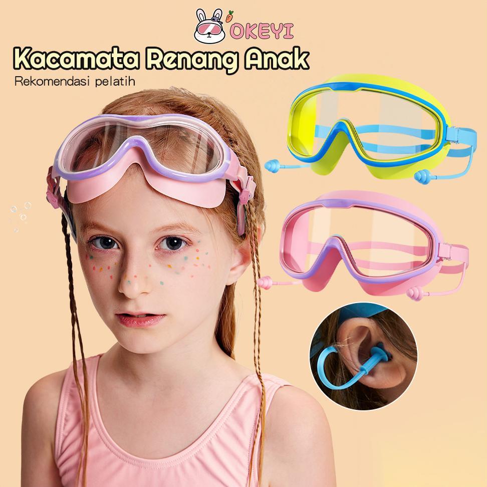 OKEYI kacamata renang anti fog uv kacamata+penutup telinga laki dan perempuan anak
