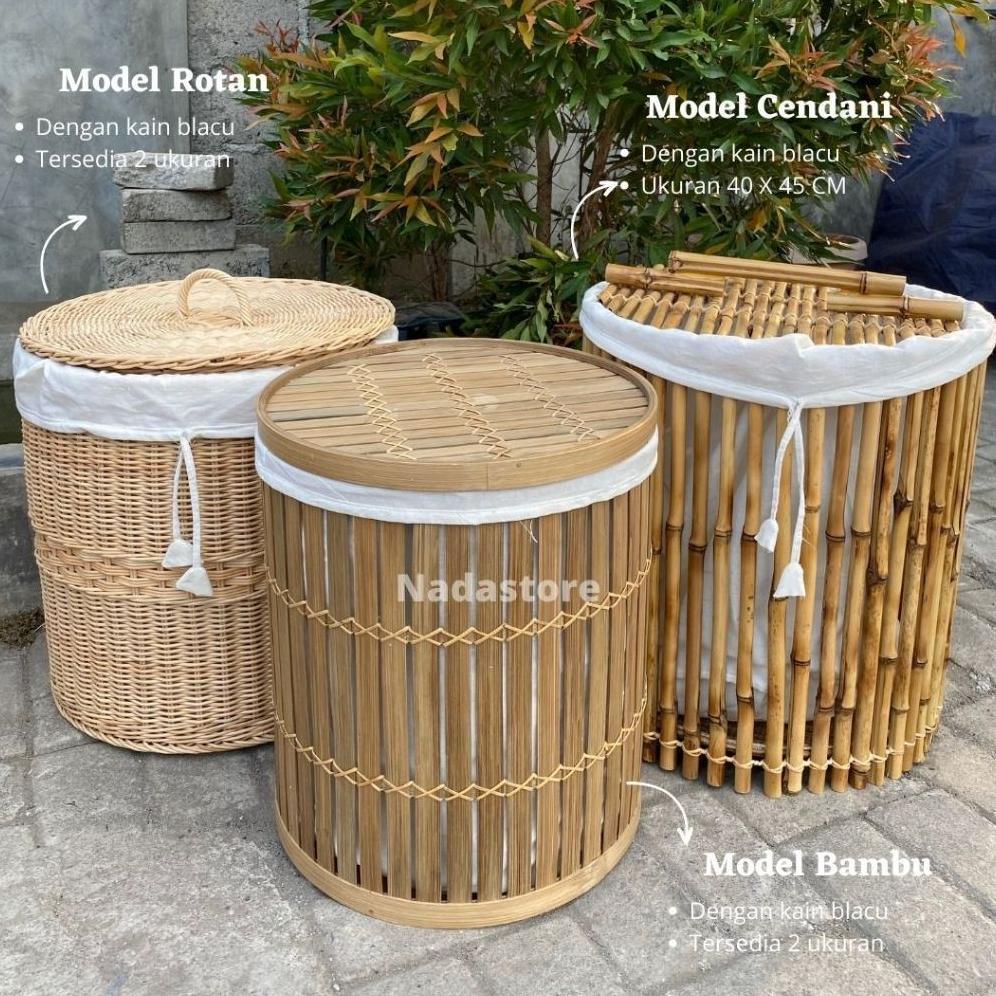 [ZR] Keranjang Laundry / Keranjang Baju Kotor Dengan Tutup Dan Kain Serbaguna Anyaman Asli Bambu / R