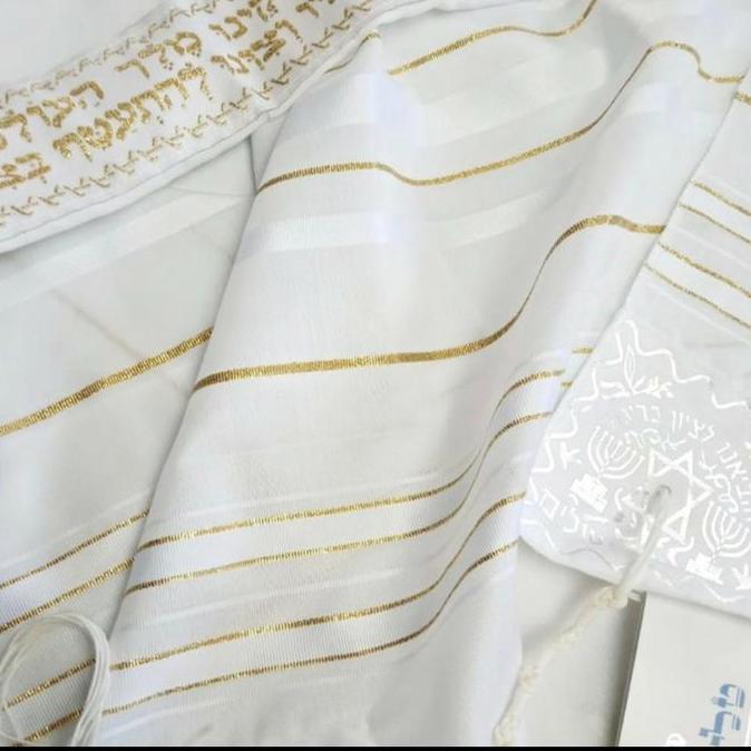 Selendang Doa White Gold Acrylic Tallit by Israel ( Kosher ) Best Seller